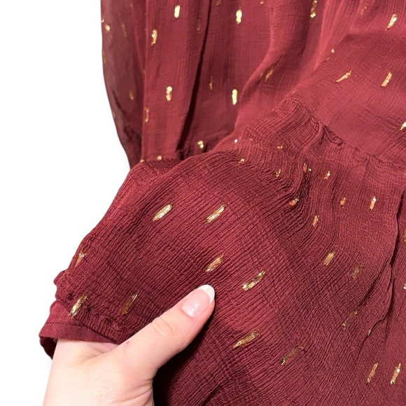 Sezane Stella Long Sleeve Silk-feel Boho Metallic Speckled Mini Dress Brick Red - Picture 9 of 13